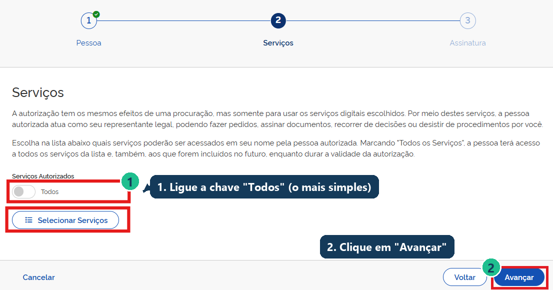 Tela Nova Autorização de Acesso, etapa Serviços: chave Todos (1) e botão Avançar (2) marcados