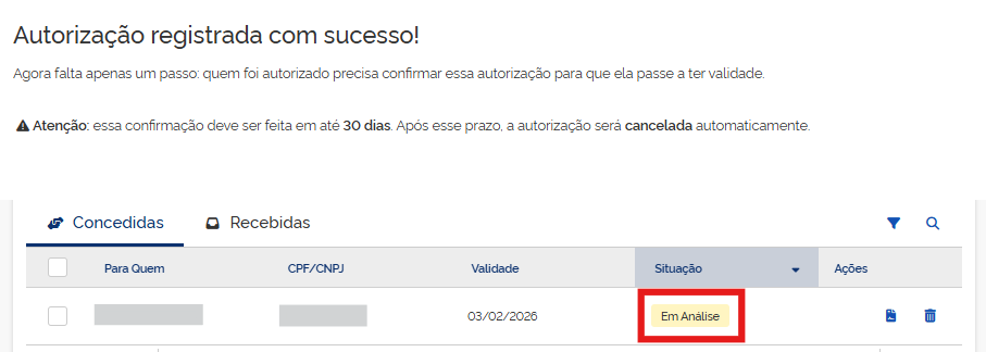 Mensagem Autorização registrada com sucesso e a situação Em Análise marcada na lista