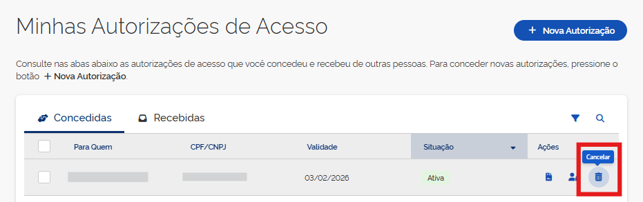 Lista de autorizações concedidas com o botão Cancelar (lixeira) marcado na coluna Ações